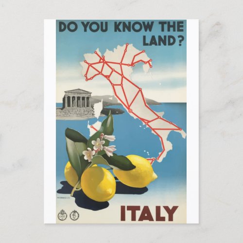 Italy Map and Lemons Vintage Travel Postcard