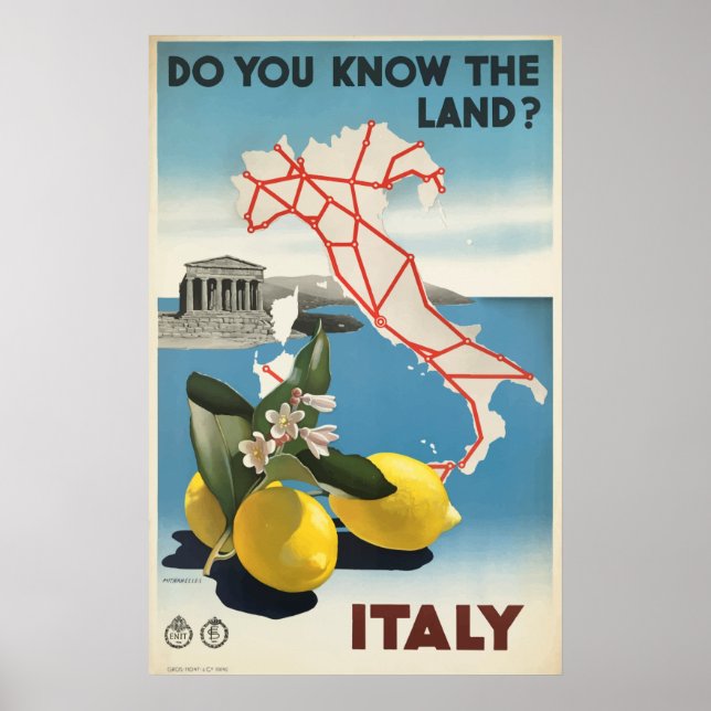 Italy Map and Lemons Vintage Travel Poster (Front)