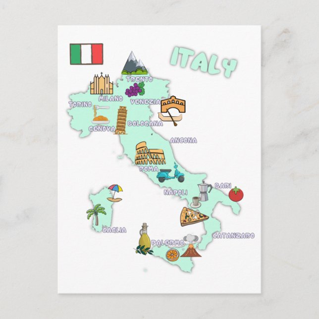 Italy Map Landmarks tourist attractions cities Postcard (Front)