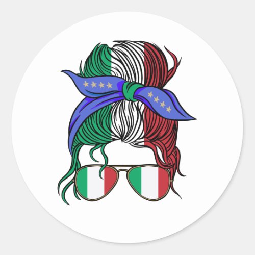 Italy messy bun with Italian Flag Classic Round Sticker