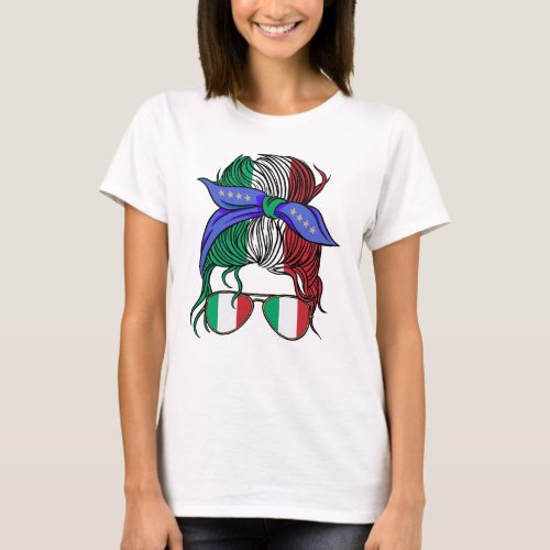 Italy messy bun with Italian Flag T_Shirt