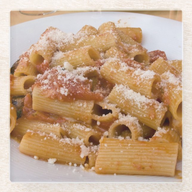 Italy, Positano. Display plate of rigatoni Glass Coaster (Front)