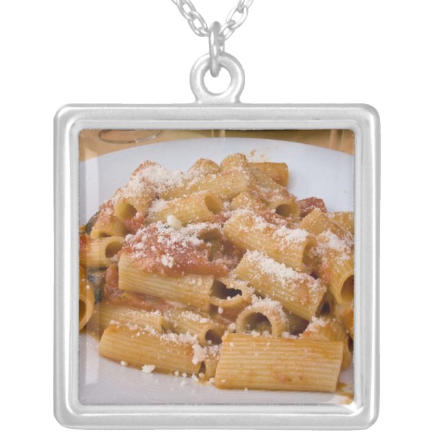 Italy, Positano. Display plate of rigatoni. Silver Plated Necklace (Front)