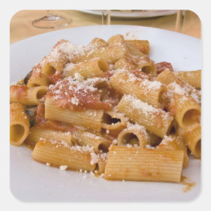 Italy, Positano. Display plate of rigatoni. Square Sticker