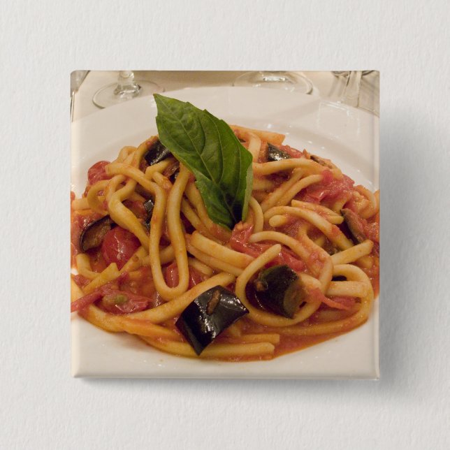 Italy, Positano. Plate of pasta and eggplant. Pinback Button (Front)