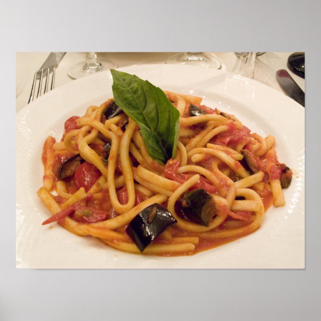 Italy, Positano. Plate of pasta and eggplant. Poster (Front)