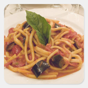 Italy, Positano. Plate of pasta and eggplant. Square Sticker