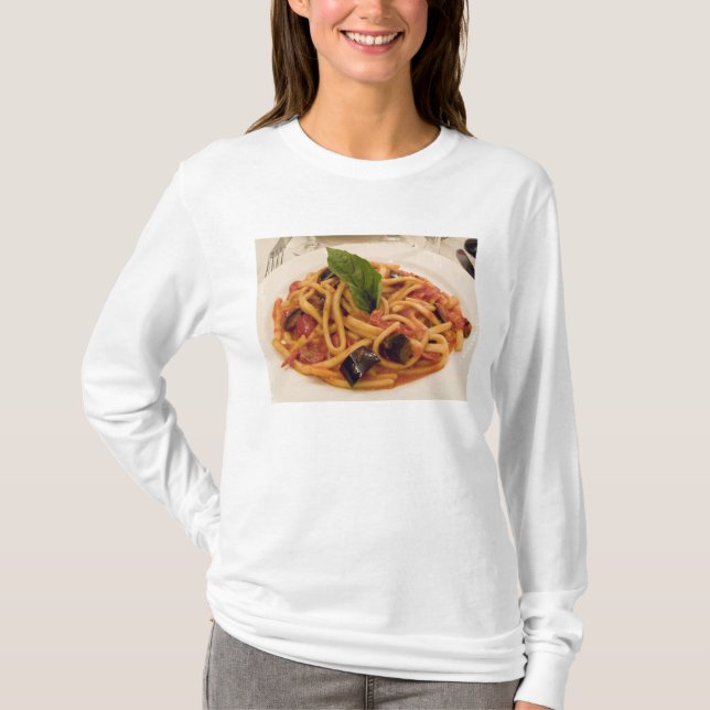 Italy, Positano. Plate of pasta and eggplant. T-Shirt (Front)