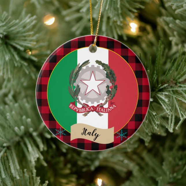 Italy, Red buffalo plaid & Italian Flag Ceramic Ornament (Tree)