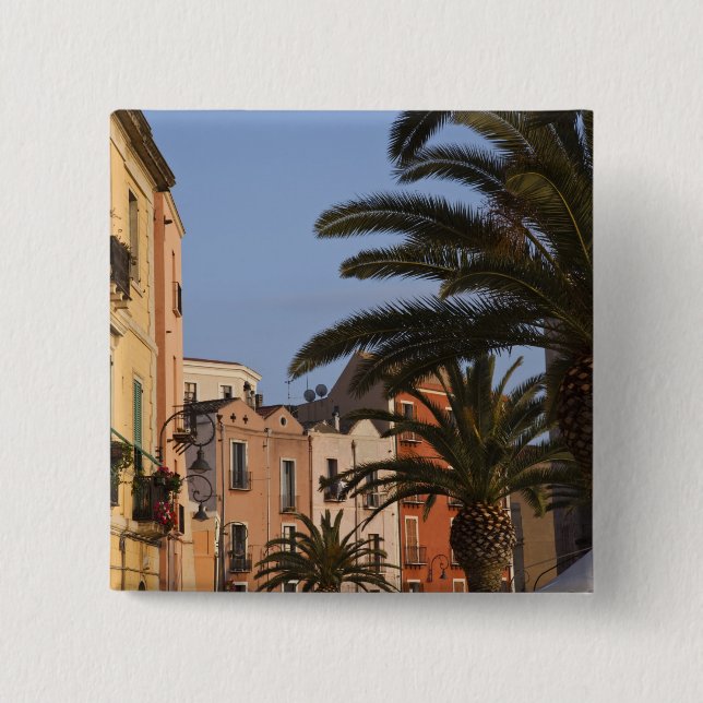 Italy, Sardinia, Cagliari. Buildings and palms Button (Front)