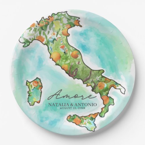 Italy Sea  Amore Watercolor Map Wedding  Paper Plates