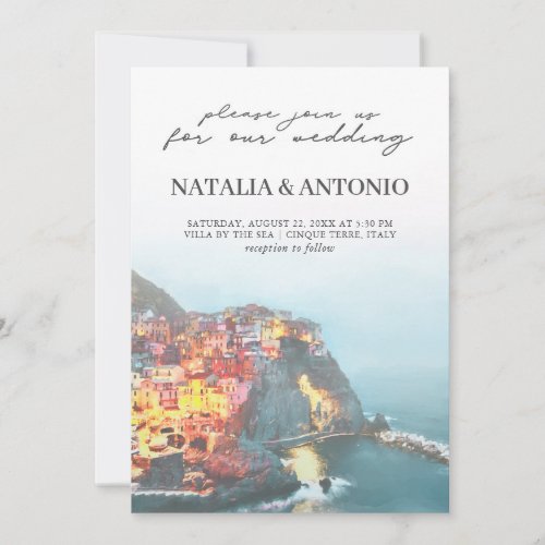 Italy Sea  Cinque Terre Watercolor Wedding Invitation