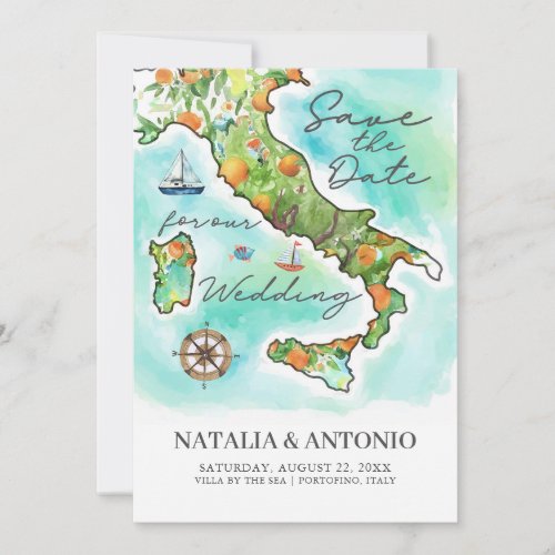 Italy Sea  Watercolor Map Wedding Save The Date