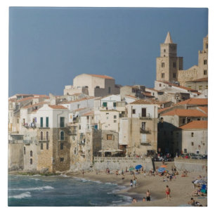 Italy, Sicily, Cefalu, Town View with Duomo from Ceramic Tile