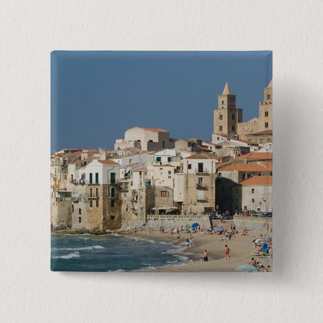 Italy, Sicily, Cefalu, Town View with Duomo from Pinback Button (Front)