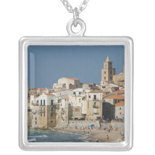 Italy, Sicily, Cefalu, Town View with Duomo from Silver Plated Necklace