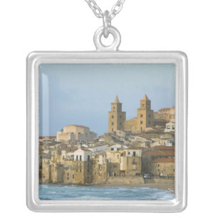 Italy, Sicily, Cefalu, View with Duomo from 2 Silver Plated Necklace