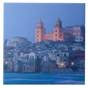 Italy, Sicily, Cefalu, View with Duomo from Ceramic Tile