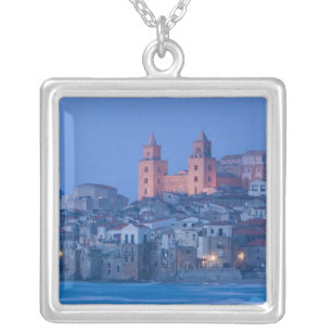 Italy, Sicily, Cefalu, View with Duomo from Silver Plated Necklace