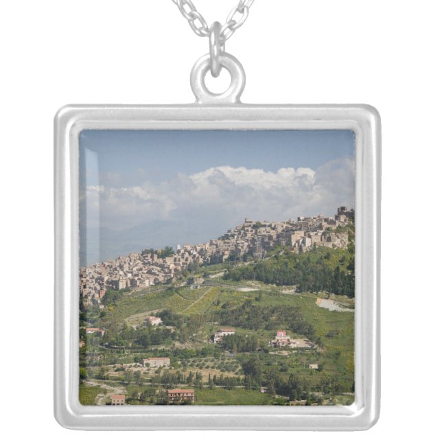 Italy, Sicily, Enna, Calascibetta, Morning View Silver Plated Necklace (Front)
