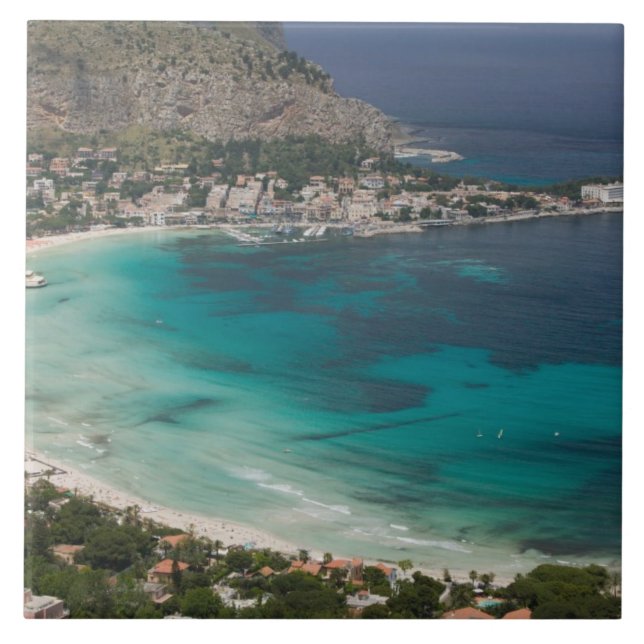 Italy, Sicily, Mondello, View of the beach from Ceramic Tile (Front)