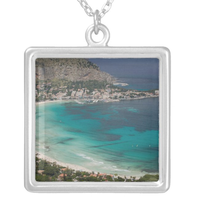 Italy, Sicily, Mondello, View of the beach from Silver Plated Necklace (Front)