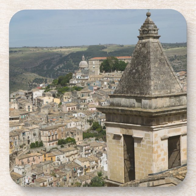 ITALY, Sicily, RAGUSA IBLA: Town View and Santa Beverage Coaster (Front)
