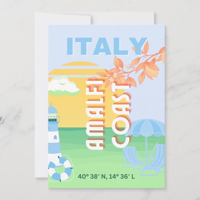 Italy Travel Art, Amalfi Coast, Preppy, Blue Holiday Card (Front)