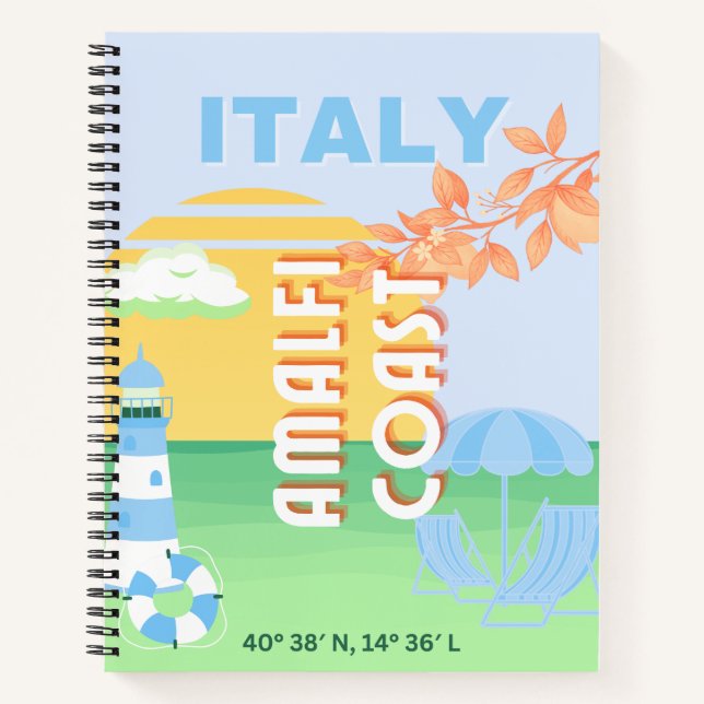 Italy Travel Art, Amalfi Coast, Preppy, Blue Notebook (Front)