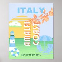 Italy Travel Art, Amalfi Coast, Preppy, Blue