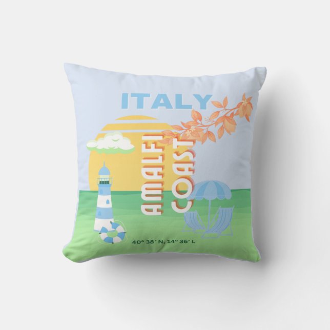 Italy Travel Art, Amalfi Coast, Preppy, Blue Throw Pillow (Front)