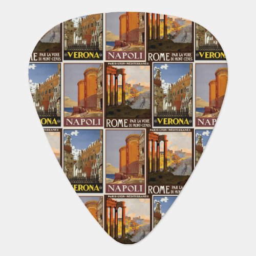 Italy travel collage retro cities poster vintage guitar pick