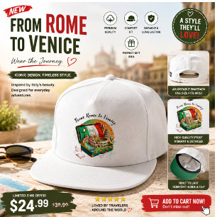 Italy Travel Landmarks Collage T-Shirt – Rome Veni Snap Back Hat