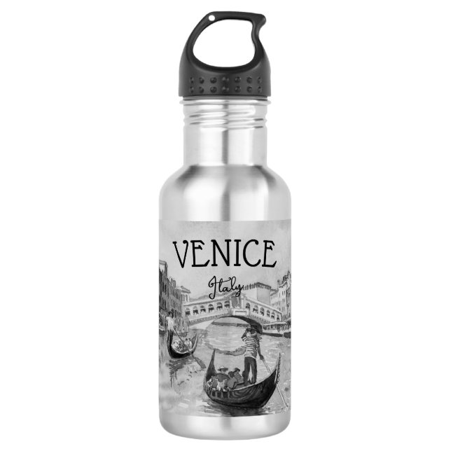 Italy Travel - VENICE black and white souvenir Stainless Steel Water Bottle (Front)