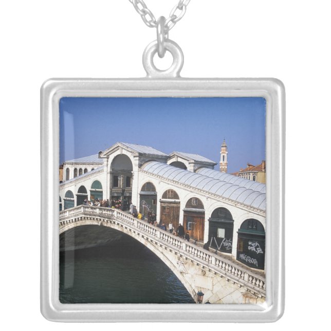 Italy, Veneto, Venice, Rialto Bridge crossing Silver Plated Necklace (Front)
