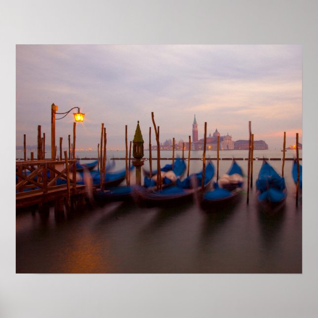 Italy, Venice. Anchored gondolas at twilight. Poster (Front)