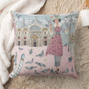 Italy Venice travel pink grey pigeons girl drawing Throw Pillow