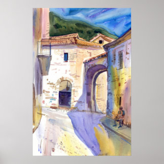 Italy Watercolor Sunlit Street in an Old Town Poster