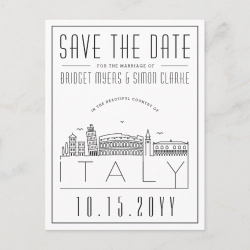 Italy Wedding  Stylized Skyline Save the Date Postcard