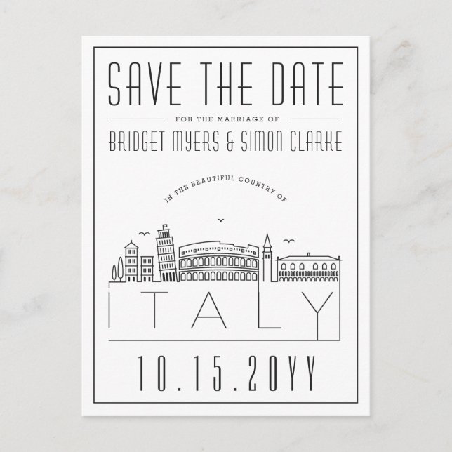 Italy Wedding | Stylized Skyline Save the Date Postcard (Front)