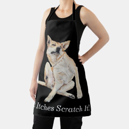 itchy dog scratching painting with funny slogan apron