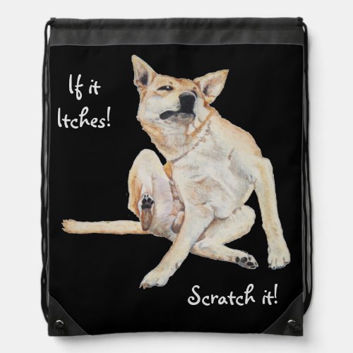 itchy dog scratching painting with funny slogan drawstring bag