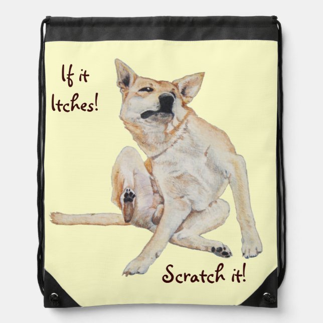 itchy dog scratching painting with funny slogan drawstring bag (Front)