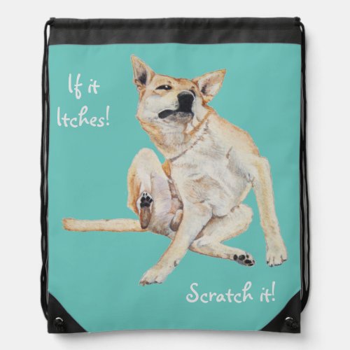 itchy dog scratching painting with funny slogan drawstring bag