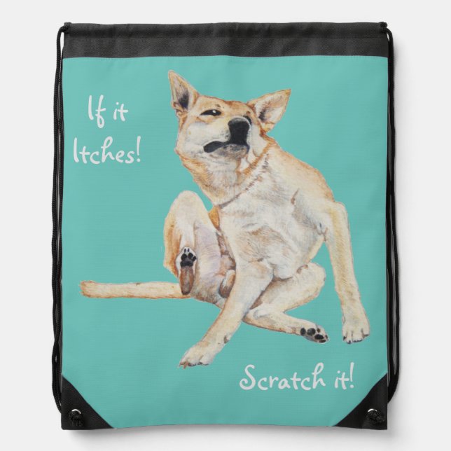 itchy dog scratching painting with funny slogan drawstring bag (Front)