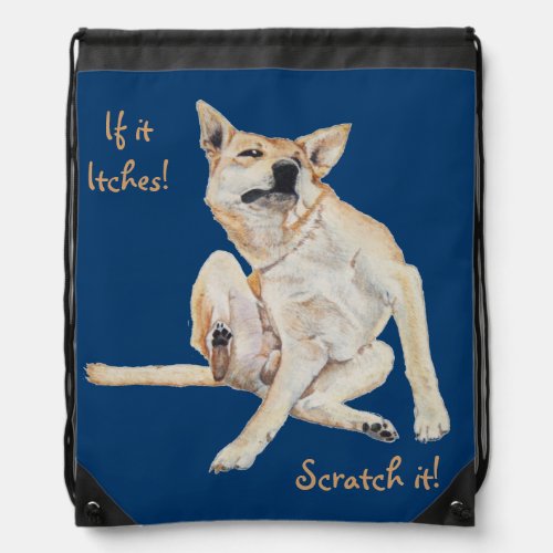 itchy dog scratching painting with funny slogan drawstring bag