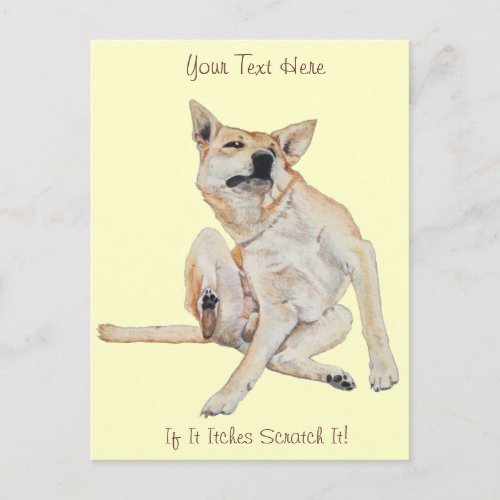 itchy dog scratching painting with funny slogan postcard