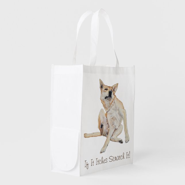 itchy dog scratching painting with funny slogan reusable grocery bag (Front Side)