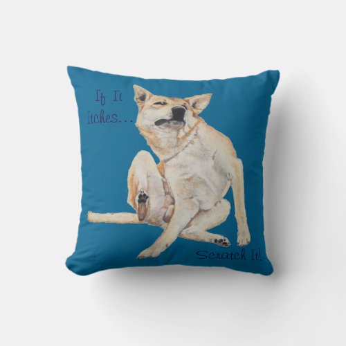 itchy dog scratching painting with funny slogan throw pillow