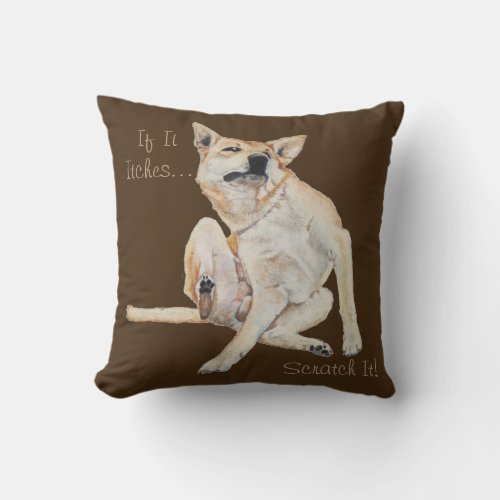 itchy dog scratching painting with funny slogan throw pillow